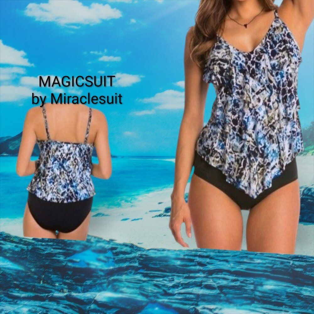 Magicsuit  Miraclesuit Tankini Top Tiers Ruffles Flattering Blue Black Print 10